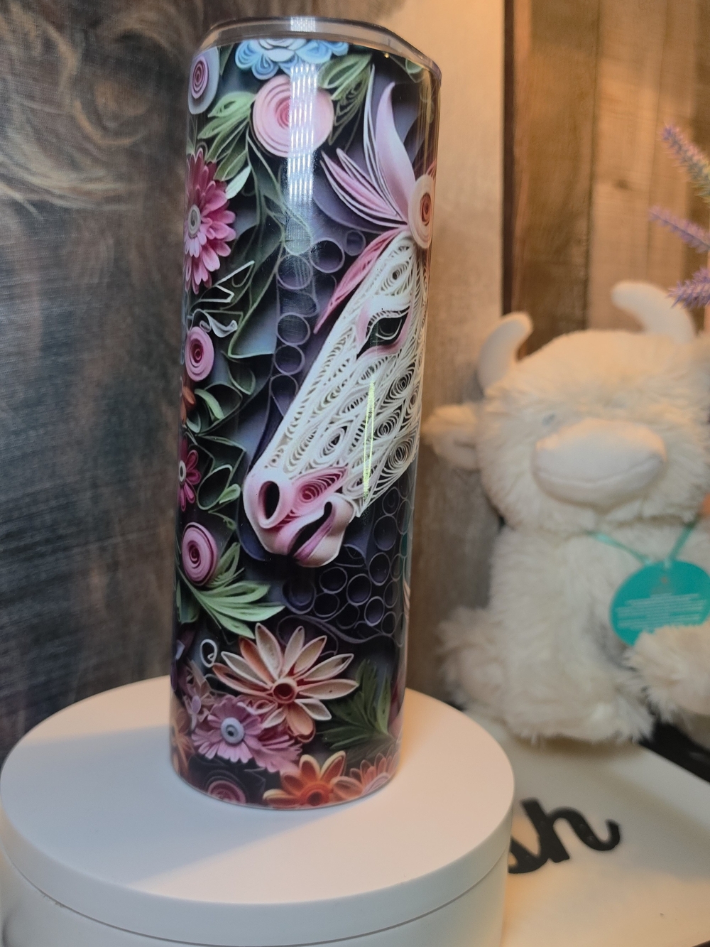 Floral Unicorn Horse Skinny Tumbler - Pink, White, Green